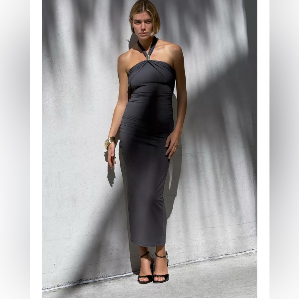 Zara dark gray midi dress with gold buckle detail. Small